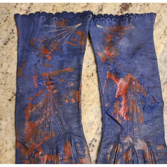 Vintage Size S Blue Leather Long Gloves Slashed Fake Bloody Slashed Zombie War - Picture 4 of 16